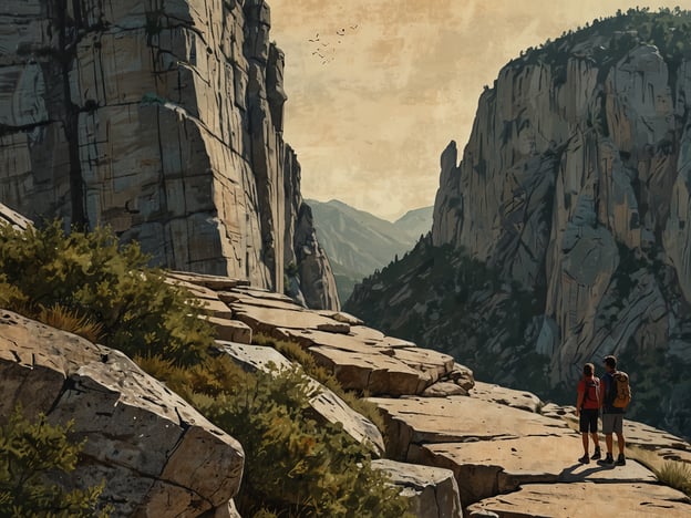 Auf dem Bild ist eine beeindruckende Felsenlandschaft zu sehen, die an den Preikestolen, auch bekannt als Pulpit Rock, erinnert. Zwei Wanderer stehen auf einem felsigen Weg und blicken auf die umliegenden Berge und das Tal. Die Szenerie vermittelt ein Gefühl von Freiheit und Abenteuer in der Natur.