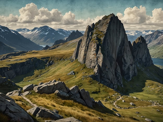 Auf dem Bild ist eine beeindruckende, bergige Landschaft zu sehen, die an Kjeragbolten erinnert, ein außergewöhnliches Naturphänomen in Norwegen. Kjeragbolten ist ein herausragender, riesiger Felsblock, der zwischen zwei steilen Felswänden eingeklemmt ist und hoch über einem tiefen Tal schwebt. Die majestätischen Berge im Hintergrund und die sanften Hügel sowie die Felsen im Vordergrund schaffen eine dramatische und malerische Szenerie, die die natürliche Schönheit der Region eindrucksvoll zur Geltung bringt. Die Wolken am Himmel und das klare Licht tragen zur einzigartigen Atmosphäre dieser Landschaft bei.