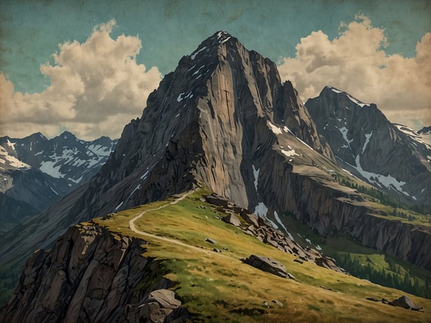 Auf dem Bild ist eine beeindruckende Berglandschaft zu sehen, die an den magischen Ort Kjeragbolten erinnert. Die Szene zeigt majestätische Berge mit schroffen Felsen und einer weiten Aussicht über das umliegende Tal. Die Mischung aus grünen Wiesen und schneebedeckten Gipfeln schafft eine atemberaubende und idyllische Atmosphäre, die typisch für diese Region in Norwegen ist. Kjeragbolten ist besonders bekannt für den großen Felsen, der zwischen zwei Felswänden eingeklemmt ist und als eine beliebte Sehenswürdigkeit gilt.