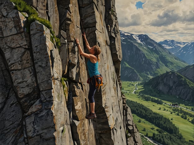 Auf dem Bild ist eine Person zu sehen, die an einem hohen Felsen klettert. Die Umgebung ist beeindruckend, mit malerischen Bergen und einer grünen Landschaft im Hintergrund. Diese Szene inspiriert zu Aktivitäten wie Klettern, Outdoor-Abenteuern und Erkundungen in der Natur. Die Kombination aus körperlicher Herausforderung und der atemberaubenden Schönheit der Natur macht das Klettern zu einer aufregenden Freizeitbeschäftigung, die sowohl Fitness als auch einen Sinn für Abenteuer fördert.