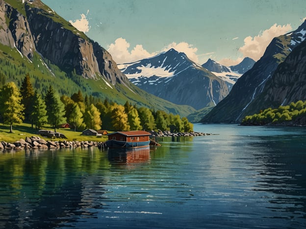 Auf dem Bild ist eine malerische Landschaft zu sehen, die das Herz Norwegens entdecken lässt. Ein ruhiger Fjord spiegelt die majestätischen Berge und den klaren Himmel wider. An den Ufern befinden sich üppige grüne Bäume sowie einige kleine, rot gestrichene Häuser, die eine idyllische Atmosphäre schaffen. Die schneebedeckten Gipfel im Hintergrund verleihen der Szenerie eine beeindruckende Kulisse und variieren die Farben der Natur. Diese Landschaft verkörpert die natürliche Schönheit und Ruhe, die Norwegen zu bieten hat.