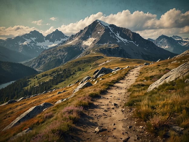 Auf dem Bild ist eine beeindruckende Landschaft zu sehen, die typisch für die Wanderung auf dem Besseggen Grat ist. Der Wanderweg schlängelt sich durch eine alpine Kulisse mit sanften Hügeln, schroffen Bergen und einer wunderschönen Sicht auf ein glitzerndes Gewässer im Vordergrund. Die grüne Vegetation und die blühenden Blumen bringen zusätzlich Farbe in die Szenerie, während die Wolken am Himmel eine dramatische Kulisse schaffen. Die Erhabenheit der Berge und die natürliche Schönheit machen diesen Ort zu einem beliebten Ziel für Wanderer.