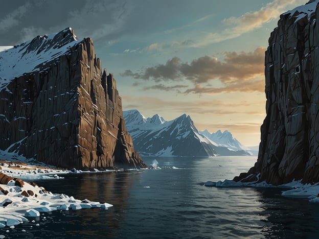 Auf dem Bild ist eine beeindruckende Landschaft zu sehen, die an die beeindruckende Lage des Nordkaps erinnert. Hohe, schneebedeckte Klippen ragen über das ruhige Wasser und im Hintergrund sind weitere Berge zu erkennen. Die Szene vermittelt eine majestätische und unberührte Natur, die typisch für nordische Küstenregionen ist. Die Farben des Himmels und die Reflexionen im Wasser tragen zur dramatischen Stimmung des Ortes bei.