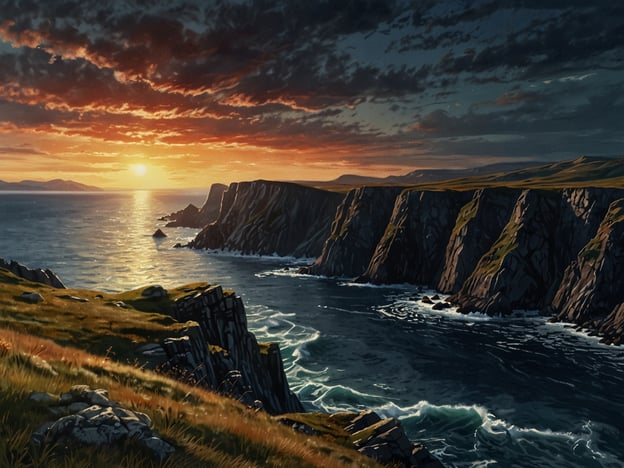 Auf dem Bild ist eine beeindruckende Landschaft rund ums Nordkap zu sehen. Die Szenerie zeigt eine raue Küste mit steilen Felsen, die sich dramatisch ins Meer absenken. Das Wasser ist in sanften Wellen bewegt und reflektiert das warme Licht der untergehenden Sonne. Der Himmel ist mit einer Mischung aus Wolken und Farbenspielen in Orange und Blau gefüllt, was eine malerische Stimmung erzeugt. Die umliegenden grünen Wiesen und das üppige Gras verleihen der Landschaft einen Hauch von unberührter Natur und Wildheit, typisch für die Region rund ums Nordkap.