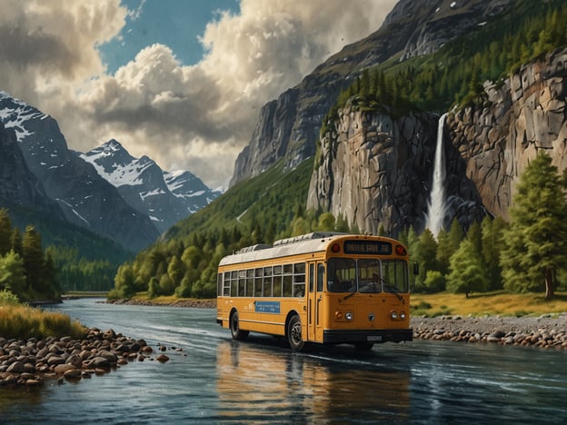 Auf dem Bild ist ein gelber Bus zu sehen, der durch eine malerische Landschaft fährt. Die Anreise mit dem Bus scheint in dieser idyllischen Umgebung sehr angenehm zu sein, da er flussabwärts entlang von Bergen und Wäldern fährt. Die Erreichbarkeit dieser abgelegenen Gegend könnte durch diese Art von Transport verbessert werden, sodass Reisende die Schönheit der Natur bequem genießen können. Die Kombination aus Wasserfällen, grünen Wäldern und Bergen schafft eine beeindruckende Kulisse für die Reise.