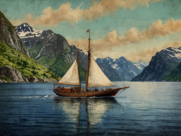 Auf dem Bild ist ein traditionelles Segelschiff zu sehen, das in einer malerischen Fjordlandschaft fährt. Diese Szenerie erinnert an die Hurtigruten, die berühmte Postschiffroute entlang der norwegischen Küste. Die Hurtigruten wurden 1893 gegründet und sind bekannt für ihre atemberaubenden Ausblicke und die Verbindung kleiner Küstenorte. Das Bild könnte die historische Verbindung zur maritimen Kultur Norwegens und zur Entwicklung des seefahrerischen Transports symbolisieren, der viele Reisende in die majestätischen Fjorde und entlang der Küste führt.