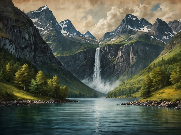 Auf dem Bild sind unvergessliche Fjordlandschaften zu sehen. Majestätische Berge erheben sich über einem klaren Wasserlauf, während ein beeindruckender Wasserfall in die umliegende Natur stürzt. Die üppigen grünen Bäume und die zerklüfteten Felsen verleihen der Szene eine friedliche und malerische Atmosphäre. Diese Landschaft lädt dazu ein, ihre Schönheit zu erkunden und zu genießen.