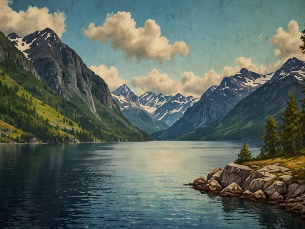 Entdecke den Hardangerfjord: Ein Naturparadies. Auf dem Bild sind majestätische Berge und ein ruhiger Fjord zu sehen, umgeben von üppigen grünen Wiesen und Nadelbäumen. Die schneebedeckten Gipfel reflektieren sich im glatten Wasser, während einige Wolken am Himmel eine malerische Atmosphäre schaffen. Ein traumhafter Ort, der die Schönheit der Natur in Norwegen widerspiegelt.