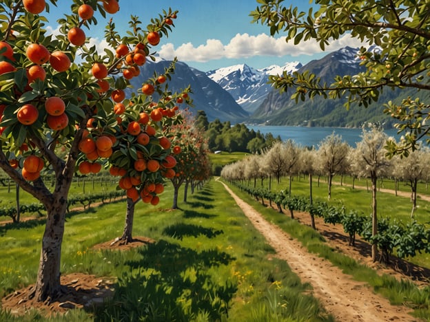 Auf dem Bild sind Obstplantagen am Hardangerfjord zu sehen. Die Szene zeigt Reihen von Obstbäumen, die mit reifen, orangefarbenen Früchten beladen sind, sowie blühende Bäume. Im Hintergrund erhebt sich eine beeindruckende Berglandschaft, während das klare Wasser des Fjords harmonisch die Natur umgibt. Diese idyllische Landschaft lädt dazu ein, ein Stück Natur zu genießen und die Schönheit des Hardangerfjords zu erleben.