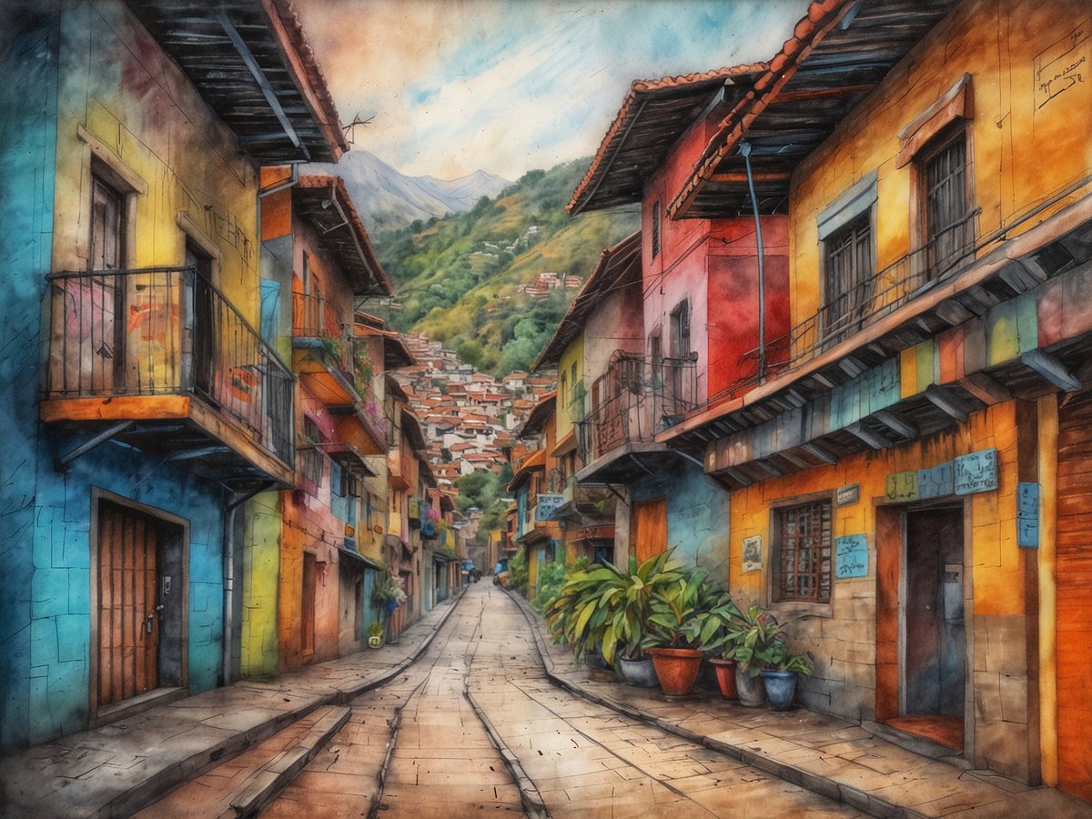 Auf dem Bild ist eine lebendige Straßenszene aus Medellín, der Stadt des ewigen Frühlings, zu sehen. Bunte Häuser mit kunstvollen Balkonen und geschmückten Fassaden säumen die schmale Gasse. Die Wände der Gebäude zeigen eine Vielzahl von Farben, darunter Blau, Gelb, Rot und Orange. Im Hintergrund erheben sich grüne Hügel und Berge, die die Szenerie umrahmen. Blühende Pflanzen in Töpfen stehen entlang der Straße und verleihen dem Bild eine einladende Atmosphäre, die die kulturelle Transformation und den künstlerischen Ausdruck in Medellín widerspiegelt.