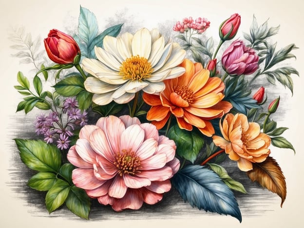 Auf dem Bild ist eine reiche botanische Vielfalt zu sehen, die verschiedene Blumen und Blätter darstellt. Die Farben der Blumen variieren von leuchtendem Rot über sanftes Pink bis hin zu strahlendem Orange und hellem Weiß, was das vielfältige Spektrum der Flora betont. Diese Darstellung symbolisiert die Schönheit und Vielfalt eines Parks, in dem verschiedene Pflanzenarten harmonisch zusammenkommen und die Augen erfreuen. Die verschiedenen Formen und Texturen der Blätter und Blüten tragen zur Gesamtharmonie und Ästhetik des Bildes bei.