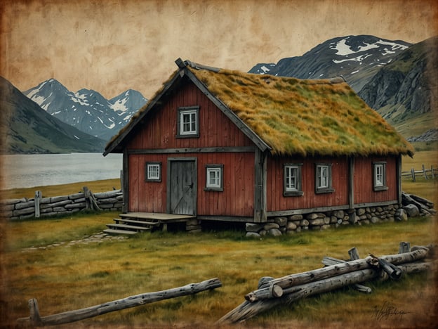 Auf dem Bild sieht man ein traditionelles rotes Holzhaus mit einem schilfgedeckten Dach, das in einer malerischen Landschaft steht. Im Hintergrund sind Berge und ein Gewässer zu erkennen, was eine idyllische Atmosphäre schafft. Diese Art von Architektur könnte gut ins Freilichtmuseum Maihaugen passen, wo Besucher die norwegische Geschichte und Kultur durch historische Gebäude und Landschaften kennenlernen können. Das Museum bietet Einblicke in das ländliche Leben und die Bauweisen vergangener Zeiten.