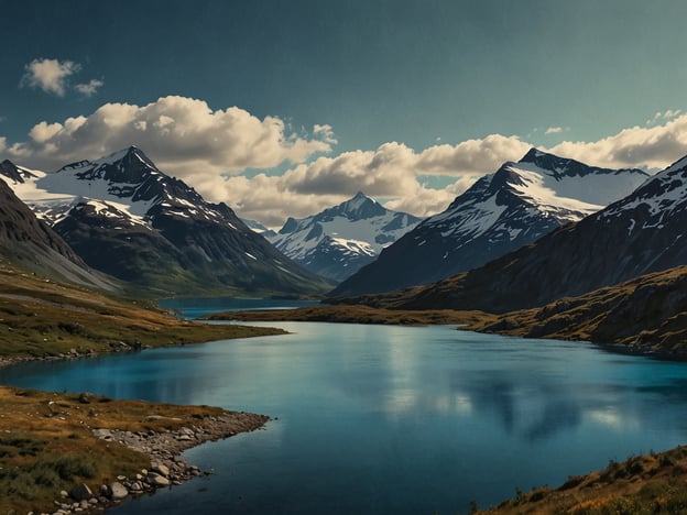 Auf dem Bild ist eine beeindruckende Landschaft mit Bergen und einem ruhigen Gewässer zu sehen. Die schneebedeckten Gipfel strahlen majestätische Ruhe aus, während im Vordergrund sanfte Hügel und ein klarer Himmel mit einigen Wolken das Bild vervollständigen. Was dich auf dem Gipfel erwartet, sind atemberaubende Ausblicke und die Verbindung zur unberührten Natur.