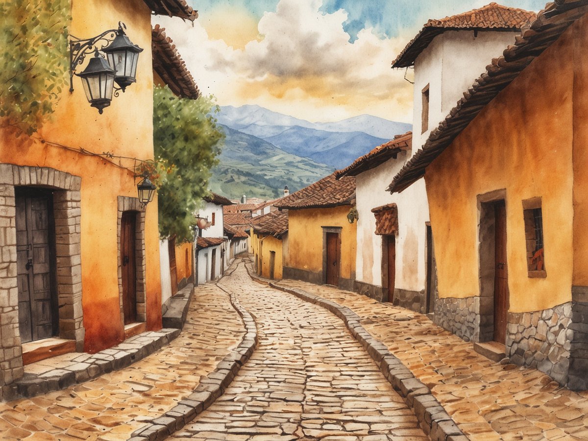 Eine malerische Straße in Villa de Leyva mit Kopfsteinpflaster und historischen Häusern. Die Gebäude haben gelbe und weiße Fassaden mit traditionellen Dachziegeln. An den Wänden hängen Laternen, und im Hintergrund sind sanfte Berge zu sehen. Die Atmosphäre vermittelt einen Eindruck von Geschichte und Kultur.