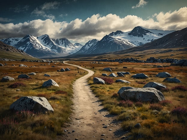 Auf dem Bild ist ein malerischer Wanderweg zu sehen, der durch eine beeindruckende Landschaft führt. Im Hintergrund erheben sich majestätische Berge, teils mit Schnee bedeckt, während die Wiese im Vordergrund mit bunten Gräsern und Steinen durchzogen ist. Diese Szenerie verkörpert unvergessliche Wandererlebnisse, die atemberaubende Natur und die Ruhe der Wildnis miteinander verbinden. Ein perfekter Ort, um die Schönheit der Natur zu genießen und den Alltagsstress hinter sich zu lassen.