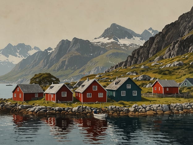 Auf dem Bild sind typische skandinavische Cottages zu sehen, die in lebhaften Farben, hauptsächlich Rot und Grün, gestrichen sind. Diese Art von Architektur findet man häufig in Norwegen oder Schweden, wo sie oft in malerischen Küstenlandschaften stehen. 

In der Umgebung sieht man eindrucksvolle Berge, die teilweise mit Schnee bedeckt sind, was auf eine wunderschöne, naturbelassene Gegend hinweist. Aktivitäten, die dort stattfinden können, sind Wandern in den Bergen, Bootfahren auf dem ruhigen Wasser, und Angeln in den reichhaltigen Gewässern. Auch das Erkunden der umliegenden Natur und das Genießen der herrlichen Landschaft dürften beliebte Freizeitbeschäftigungen sein.