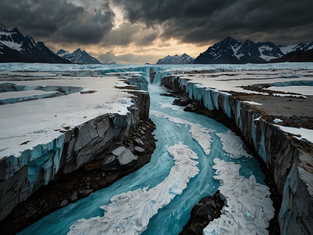 Auf dem Bild ist eine beeindruckende arktische Landschaft zu sehen, die von majestätischen Bergen und einem gefrorenen Szenario geprägt ist. Die schneebedeckten Gipfel kontrastieren mit den tiefblauen Wasserwegen, die sich durch die eisige Umgebung schlängeln. Diese beeindruckenden geologischen und hydrologischen Formationen bieten Wissenschaftlern und Forschern unzählige Möglichkeiten, das Klima und die geologischen Prozesse in polaren Regionen zu studieren. 

Die Dynamik von Eis und Wasser, die Wechselwirkungen zwischen dem Gletschereis und der Umwelt sowie die Auswirkungen des Klimawandels auf solche empfindlichen Ökosysteme sind Themen von großer Faszination und Bedeutung für die wissenschaftliche Gemeinschaft. Diese Bilder erinnern uns daran, wie wichtig es ist, diese einzigartigen Landschaften zu schützen und zu erforschen.