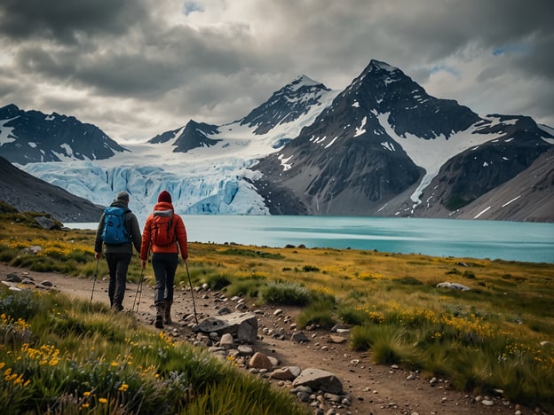 Auf dem Bild ist eine beeindruckende Berglandschaft mit zwei Wanderern zu sehen, die einen Weg entlang gehen. Im Hintergrund erheben sich schneebedeckte Gipfel und ein Gletscher, während im Vordergrund Wiesen mit bunten Blumen blühen und ein turquoise See sichtbar ist.

**Zugänglichkeit und Besuchsmöglichkeiten:**
Der dargestellte Ort könnte in einem Nationalpark oder Naturschutzgebiet liegen, das Wanderern verschiedene Routen bietet. Es wäre wichtig, vorher Informationen über die Zugänglichkeit einzuholen, da Terrain und Wetterbedingungen variieren können. Viele Wanderwege in solchen Gebieten sind gut ausgeschildert und bieten verschiedene Schwierigkeitsgrade, sodass sowohl erfahrene als auch weniger erfahrene Wanderer die Landschaft genießen können. Zudem sollten Sicherheitsbestimmungen und gegebenenfalls nötige Genehmigungen beachtet werden.