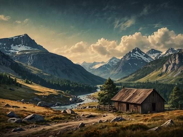 Auf dem Bild sind beeindruckende Berge zu sehen, die für Abenteuer in den Bergen von Hallingdal stehen könnten. Die Landschaft zeigt eine malerische Szenerie mit majestätischen Gipfeln, die teilweise schneebedeckt sind. Im Vordergrund gibt es eine rustikale Holzhütte, umgeben von einer weitläufigen Wiese mit Steinen und Bäumen. Ein Fluss schlängelt sich durch das Tal, was dem Bild eine friedliche Atmosphäre verleiht. Diese Kulisse bietet ideale Möglichkeiten für Wanderungen, Klettern und Erholung in der Natur.