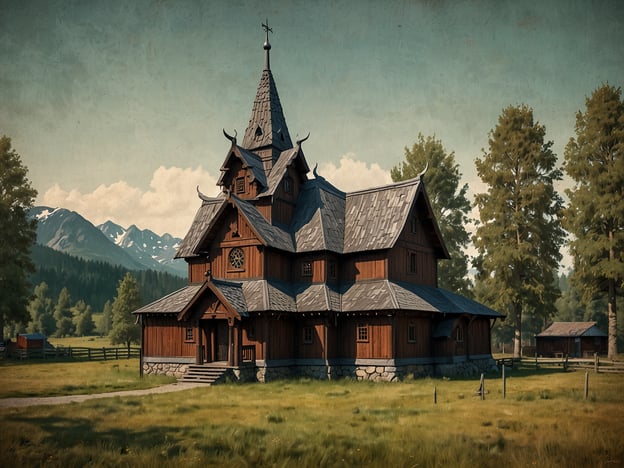 Auf dem Bild ist eine beeindruckende Holzkirche zu sehen, die typischen Eigenschaften architektonischer Highlights in Hallingdal widerspiegelt. Die Kirche verfügt über eine markante, spitz zulaufende Dächer und verzierte Giebel, die häufig in der traditionellen nordischen Architektur zu finden sind. Der Einsatz von hellem Holz und die sorgfältige Detailarbeit sind charakteristisch für die regionale Bauweise. 

Umgeben von einer malerischen Landschaft mit Bergen im Hintergrund und üppigen Bäumen im Vordergrund, bildet das Gebäude eine harmonische Einheit mit der Natur. Solche Kirchen, wie sie in Hallingdal zu finden sind, sind nicht nur religiöse Stätten, sondern auch bedeutende kulturelle Symbole der Region.