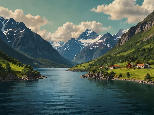 Auf dem Bild ist eine malerische Landschaft mit einem klaren Gewässer zu sehen, umgeben von majestätischen Bergen und sanften Hügeln. Die grünen Wiesen und Bäume deuten auf eine üppige Natur hin, während die schneebedeckten Gipfel im Hintergrund die alpine Schönheit der Umgebung unterstreichen. Einige typische nordische Häuser sind am Ufer verteilt, was dem Bild eine charmante und ruhige Atmosphäre verleiht. Dieses Setting könnte der idyllischen Landschaft rund um Molde in Norwegen ähneln, die für ihre beeindruckenden Fjorde und Berge bekannt ist.