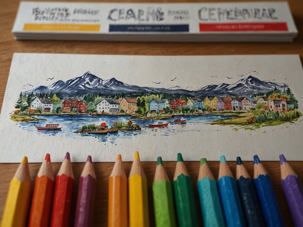 Auf dem Bild ist eine malerische Illustration zu sehen, die eine Küstenlandschaft mit einer idyllischen Siedlung in der Nähe eines Gewässers darstellt, umgeben von Bergen. Es erinnert ein wenig an die charmante Stadt Molde in Norwegen, die für ihre schöne Natur und malerischen Ausblicke bekannt ist.

**Reiseinformationen und Tipps für Molde:**

1. **Anreise:** Molde ist gut mit dem Auto oder Zug erreichbar. Der nächstgelegene Flughafen ist der Molde Airport, von wo aus Flüge zu größeren norwegischen Städten stattfinden.

2. **Sehenswürdigkeiten:** Besuchen Sie die berühmte „Rose Stadt“, die für ihre Gärten und die beeindruckende Aussicht auf den Fjord bekannt ist. Der Aussichtspunkt Varden bietet einen atemberaubenden Blick über Molde und die umliegenden Berge.

3. **Aktivitäten:** Genießen Sie Wandertouren in der Umgebung oder machen Sie eine Bootsfahrt auf dem Fjord. Auch Angeln und Kajakfahren sind beliebte Aktivitäten.

4. **Essen:** Probieren Sie lokale Spezialitäten in den vielen Restaurants, darunter frische Meeresfrüchte und traditionelle norwegische Gerichte.

5. **Feste:** Wenn Sie zur richtigen Jahreszeit reisen, verpassen Sie nicht das Molde International Jazz Festival, das jedes Jahr im August stattfindet und lokale sowie internationale Künstler anzieht.

Diese Tipps helfen Ihnen, das Beste aus Ihrem Besuch in Molde herauszuholen!