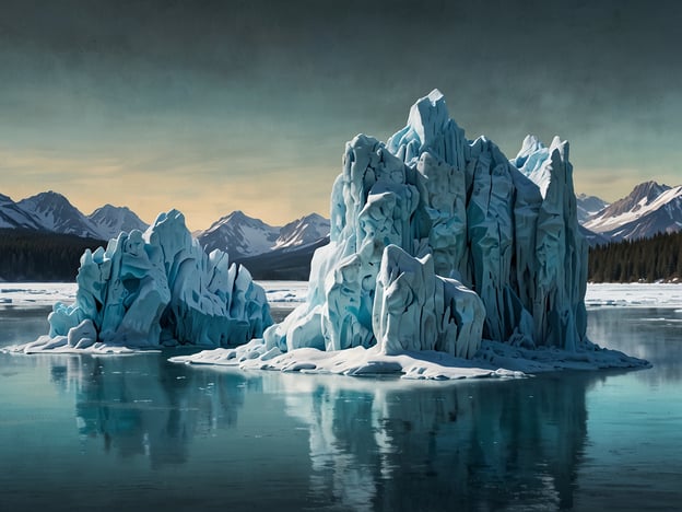 Auf dem Bild ist ein beeindruckendes Gletscherfeld zu sehen, das an die grandiosen Strukturen des faszinierenden Briksdalsbreen Gletschers erinnert. Die eisblauen Eisklötze und die spiegelnde Wasseroberfläche schaffen eine malerische Landschaft, umgeben von majestätischen Bergen im Hintergrund. Solche Szenerien sind charakteristisch für die atemberaubende Natur der Gletscherregionen.