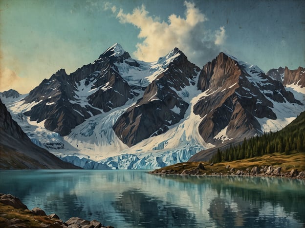 Auf dem Bild ist eine beeindruckende Berglandschaft mit schneebedeckten Gipfeln zu sehen. Im Vordergrund erstreckt sich ein ruhiger See, der die umliegenden Berge widerspiegelt. Der perfekte Zugang zum Gletscher könnte in der Nähe des Gletschers liegen, der sich zwischen den Felsen und dem Wasser erstreckt. Die mediterrane Vegetation auf der rechten Seite ergänzt die majestätische Szenerie und schafft eine friedliche Atmosphäre.