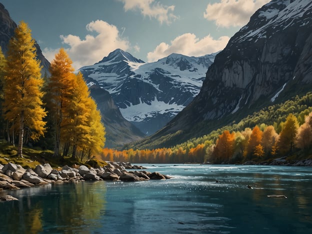 Auf dem Bild ist eine malerische Landschaft mit majestätischen Bergen, einem klaren Fluss und herbstlich gefärbten Bäumen zu sehen. Die Farben des Herbstes verleihen der Szene eine besondere Schönheit. 

Die beste Reisezeit für einen Besuch dieser Art von Landschaft ist typischerweise im Herbst, wenn die Bäume ihre farbenfrohen Blätter tragen, aber auch im frühen Sommer, wenn die Natur in voller Blüte steht.