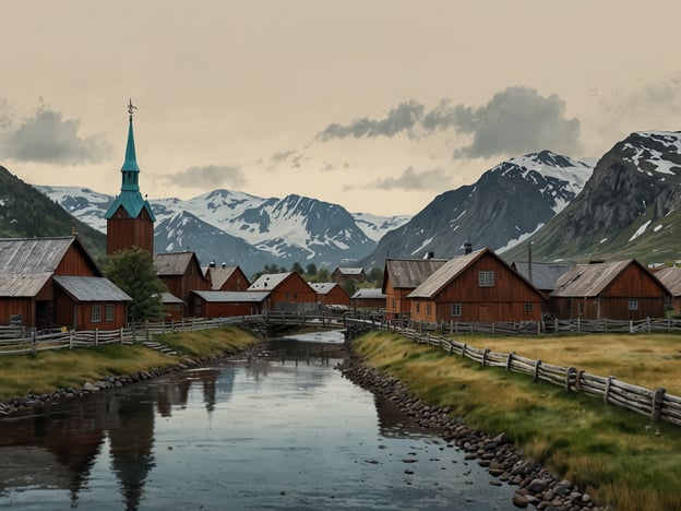 Auf dem Bild ist eine malerische Szene mit roten Holzhäusern, einer Kirche mit einem spitzen Turm und einer ruhigen Wasserstraße zu sehen, umgeben von majestätischen Bergen. 

Im Kontext der norwegischen Geschichte hat Trondheim eine bedeutende Rolle gespielt, besonders als eine der ältesten Städte Norwegens. Gegründet im Jahr 997 von König Olav Tryggvason, wurde Trondheim zur ersten Hauptstadt Norwegens und spielte eine zentrale Rolle in der Christianisierung des Landes. Die Stadt war das religiöse und kulturelle Zentrum während des Mittelalters und ist bekannt für den Nidarosdom, eine beeindruckende Kathedrale, die als einer der bedeutendsten Pilgerorte des nordischen Christentums galt. Trondheim ist somit nicht nur architektonisch, sondern auch historisch von großer Bedeutung für Norwegen.