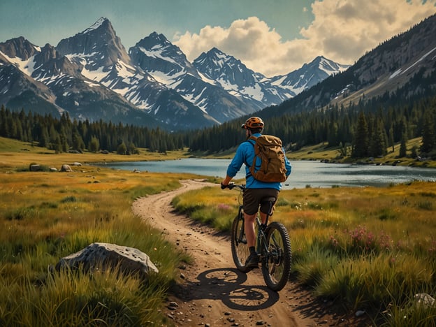 Auf dem Bild sieht man einen Radfahrer, der auf einem malerischen Weg entlang eines Sees inmitten einer beeindruckenden Berglandschaft fährt. Diese Szenerie bietet eine perfekte Kulisse für verschiedene Aktivitäten im Nationalpark, wie Mountainbiken, Wandern oder einfach die Natur genießen. Die klare Luft und die unberührte Landschaft laden zu Abenteuern in der Natur ein, sei es beim Radfahren, Fotografieren der Landschaft oder beim Entdecken von Wanderwegen.