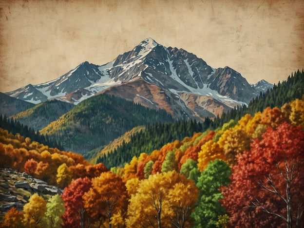 Auf dem Bild sind majestätische Berge mit schneebedeckten Gipfeln zu sehen, die von dichten, farbenfrohen Wäldern umgeben sind. Die Bäume zeigen leuchtende Herbstfarben in Rot, Orange und Gelb, was darauf hindeutet, dass es die perfekte Wanderzeit im Herbst ist. Diese Jahreszeit eignet sich hervorragend für Wandertouren, da die kühlen Temperaturen und die atemberaubende Landschaft eine besondere Atmosphäre schaffen.