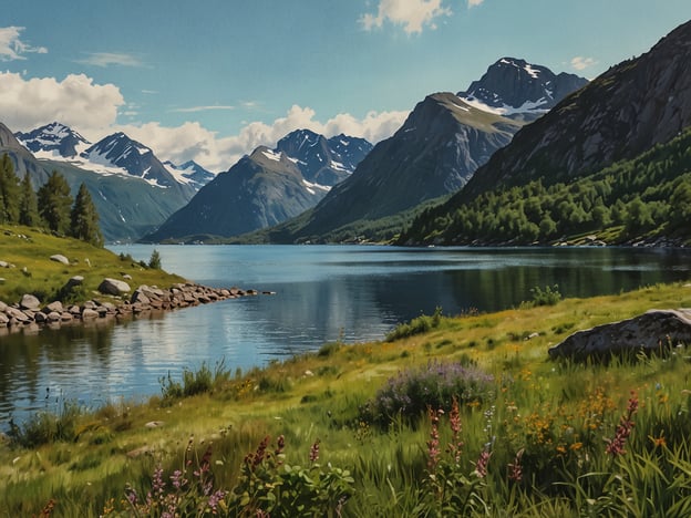 Auf dem Bild ist eine wunderschöne Landschaft mit einem klaren See, umgeben von majestätischen Bergen und einer üppigen, grünen Wiese zu sehen. Die Szene strahlt Ruhe und die Schönheit der Natur aus.

Wenn du in einer ähnlichen Umgebung bist, empfehle ich, eine Wanderung entlang des Sees zu unternehmen. Dort hast du die Möglichkeit, die Flora und Fauna zu beobachten und vielleicht sogar einige Wildtiere zu sehen. Bring ein Picknick mit und genieße die frische Luft sowie die beeindruckende Aussicht auf die Berge.

Ein weiterer Tipp wäre, früh morgens oder spät nachmittags anzukommen, wenn das Licht besonders schön ist und die Farben lebendig wirken. Wenn es Möglichkeiten zum Wassersport gibt, wie Kajakfahren oder Stand-Up-Paddling, solltest du das ebenfalls ausprobieren, um die Umgebung aus einer neuen Perspektive zu erleben. 

Vergiss nicht, deine Kamera mitzunehmen, um die atemberaubenden Ausblicke festzuhalten!