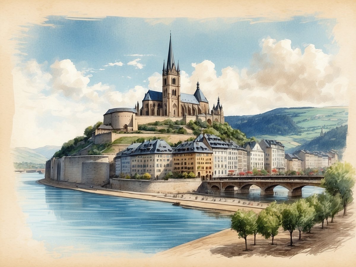 Das Bild zeigt die malerische Stadt Bingen am Rhein mit der beeindruckenden Kirche auf dem Hügel im Hintergrund. Die Gebäude am Flussufer präsentieren eine schönearchitektonische Vielfalt, während die Brücke über den Rhein führt. Im Vordergrund sind Bäume entlang des Ufers angeordnet und das ruhige Wasser reflektiert die umgebende Landschaft. Der Himmel ist leicht bewölkt, was dem Bild eine friedliche Atmosphäre verleiht.