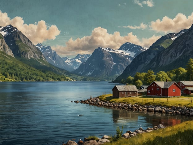 Auf dem Bild ist eine wunderschöne Landschaft zu sehen, ähnlich der beeindruckenden Route der Rauma-Bahn. Man erkennt majestätische Berge, die von schneebedeckten Gipfeln gekrönt sind, und ein ruhiges, glitzerndes Gewässer, das die umliegende Natur reflektiert. Am Ufer stehen charmante rote Holzgebäude, die eine malerische Atmosphäre schaffen. Die sanften grünen Wiesen und der klare Himmel mit einigen Wolken tragen zur Idylle bei und typisieren die Schönheit Norwegens entlang der Rauma-Bahn.