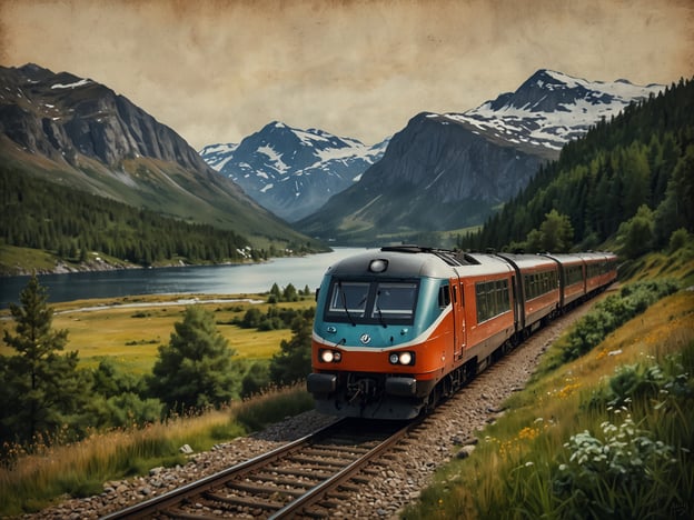 Auf dem Bild ist ein Zug zu sehen, der durch eine wunderschöne alpine Landschaft fährt. Im Hintergrund erkennt man majestätische Berge, die mit Schnee bedeckt sind, sowie einen klaren See und üppige grüne Wiesen. Die Szenerie vermittelt ein Gefühl von Ruhe und Naturverbundenheit.

**Fazit: Warum die Rauma-Bahn ein Muss ist:** 
Die Rauma-Bahn bietet nicht nur eine bequeme Reisemöglichkeit, sondern auch atemberaubende Ausblicke auf die faszinierende Landschaft Norwegens. Die Fahrt führt durch spektakuläre Berge, über malerische Brücken und entlang glitzernder Gewässer, was sie zu einem einzigartigen Erlebnis für Naturliebhaber und Reisende macht. Ein absolutes Highlight für jeden, der die Schönheit der Natur hautnah erleben möchte!