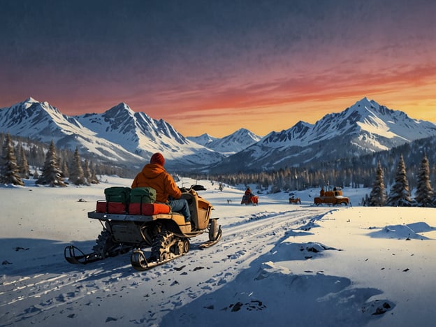 Auf dem Bild ist eine winterliche Landschaft zu sehen, die zum Schneemobilfahren einlädt. In Alta gibt es viele Möglichkeiten, die verschneite Umgebung zu erkunden, sei es durch geführte Touren mit Schneemobilen oder beim Skifahren in den umliegenden Bergen. Aktivitäten wie Hundeschlittenfahrten oder Eisangeln sind ebenfalls beliebt. Die atemberaubende Natur und die klare Luft bieten einen perfekten Rahmen für Abenteuer im Schnee, während der Sonnenuntergang eine malerische Kulisse schafft.