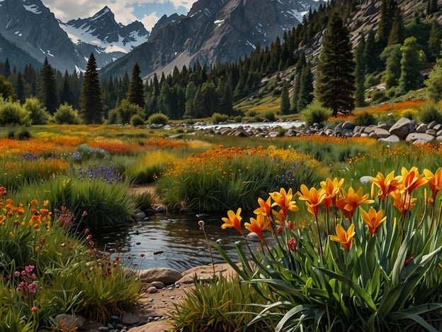 Auf dem Bild sind eine malerische Landschaft mit grünen Wiesen, bunten Blumen und einem klaren Wasserlauf zu sehen, umgeben von majestätischen Bergen. Die beste Reisezeit für deinen Besuch in solchen Naturlandschaften ist in der Regel im Frühling oder frühen Sommer, wenn die Blumen in voller Blüte stehen und das Wetter mild ist.