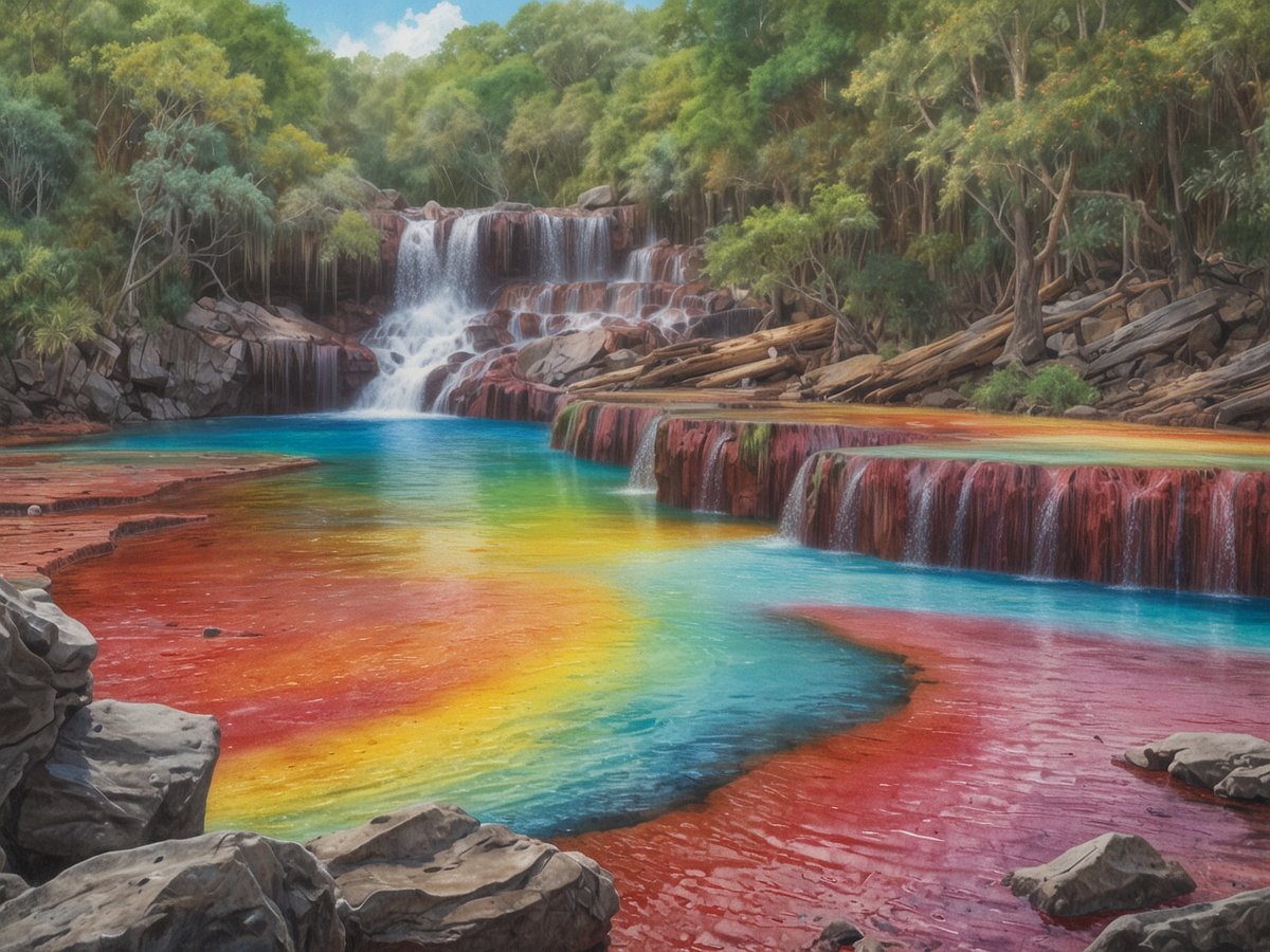 Der farbenfrohe Caño Cristales schlängelt sich durch eine malerische Landschaft, umgeben von üppigem Grün und schroffen Felsen. Das Wasser funkelt in lebendigen Farben von Blau und Türkis bis hin zu leuchtenden Rottönen, die an den Ufern und Felsen reflektiert werden. Kleine Wasserfälle fließen sanft in das klare Wasser und schaffen eine idyllische Atmosphäre. Die Umgebung ist von dichten Bäumen und Sträuchern gesäumt, die die natürliche Schönheit dieses einzigartigen Flusses unterstreichen.