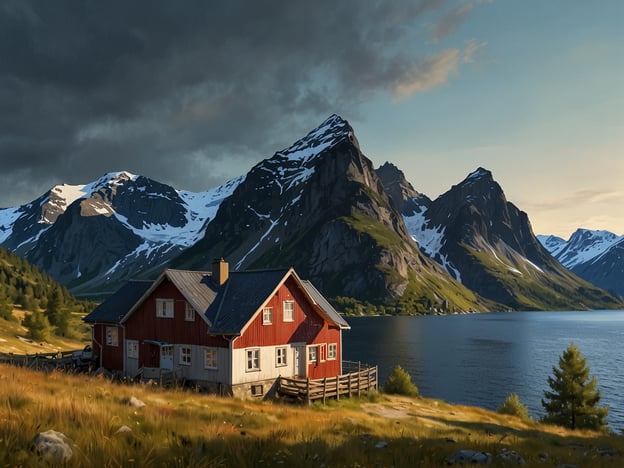 Auf dem Bild ist eine malerische Landschaft mit einem roten Holzhaus, umgeben von majestätischen Bergen und einem ruhigen Gewässer zu sehen. Diese Szenerie könnte typisch für ländliche Regionen in Norwegen oder Schweden sein.

Um zu dieser Art von Ort zu gelangen, empfiehlt sich die Anreise mit dem Auto, da viele dieser Gebiete abseits von größeren Städten liegen. Die Straßen sind oft gut ausgebaut, jedoch können sie in bergigen Regionen schmaler und kurviger sein. Für Reisende, die nicht mit dem eigenen Fahrzeug anreisen, bietet sich gegebenenfalls der Zug bis zur nächsten Stadt an, gefolgt von einem Bus oder Mietwagen. In der Umgebung dürfte es einige Wanderwege geben, die die Schönheit der Natur näherbringen, sowie eventuell Unterkunftsmöglichkeiten in ähnlichen traditionellen Häusern oder Hütten.