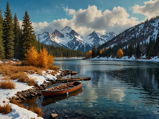 Auf dem Bild ist eine malerische Landschaft zu sehen, die einen ruhigen See zeigt, umgeben von majestätischen Bergen und dichten Wäldern. Der Uferbereich ist mit schneebedeckten Steinen und schilfartigen Pflanzen geschmückt, während ein leeres Boot am Ufer liegt. Herbstliche Bäume bringen Farbtupfer in Form von goldenen Blättern in die Szene.

Die beste Zeit für einen Besuch dieser Art von Landschaft wäre im Herbst, wenn die Farben besonders lebendig sind und das Wetter mild, ideal zum Wandern und Fotografieren. Die schneebedeckten Berge im Hintergrund bieten zudem einen atemberaubenden Kontrast zur herbstlichen Vielfalt.