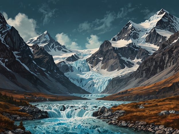 Auf dem Bild ist eine beeindruckende Landschaft zu sehen, die an den Jostedalsbreen Nationalpark in Norwegen erinnert. Man sieht hohe, schneebedeckte Berge, die von einem Gletscher durchzogen sind, sowie einen klaren Wasserfluss, der durch das Tal strömt. Das Panorama vermittelt eine majestätische Ruhe und zeigt die raue, unberührte Natur, die für den Nationalpark charakteristisch ist. Die Kombination aus Bergen, Gletscher und Wasserfällen spiegelt die atemberaubende Schönheit dieser schützenswerten Region wider.