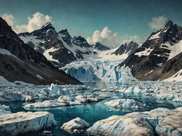 Auf dem Bild sind beeindruckende Naturwunder des Gletschers zu sehen. Es zeigt eine majestätische Gletscherlandschaft mit erhabenen, schneebedeckten Bergen und einem klaren, blauen Wasser, das von schwimmenden Eisschollen durchzogen ist. Der Gletscher selbst fließt in einen ruhigen See, umgeben von steilen Felswänden und dramatischen Wolken, die den Himmel schmücken. Diese Szene verkörpert die Schönheit und Erhabenheit der Natur in kälteren Regionen der Welt.