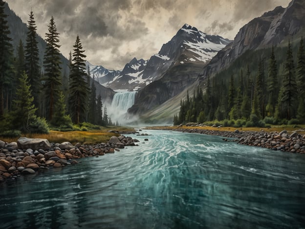 Das Bild zeigt eine beeindruckende Naturlandschaft mit einem Fluss, umgeben von Bergen und dichten Wäldern. Der Klimawandel und seine Auswirkungen können sich in dieser Szenerie auf verschiedene Weisen zeigen. Zum Beispiel könnten veränderte Wetterbedingungen, wie häufigere und intensivere Unwetter, die Stabilität von Bergregionen und die Wasserstände von Flüssen beeinträchtigen. Gletscherschmelze könnte zudem die Wasserversorgung in solchen Gebieten gefährden. Außerdem könnten Veränderungen in den Ökosystemen die Flora und Fauna bedrohen und somit auch das Gleichgewicht der Naturräume stören.