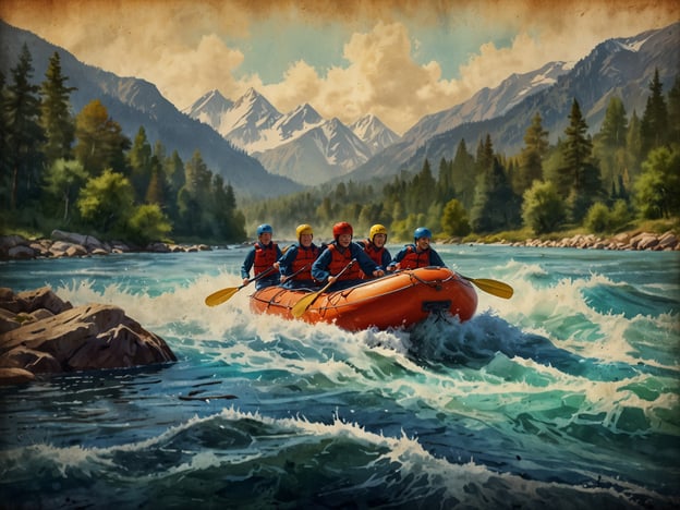 Auf dem Bild ist eine Gruppe von Menschen zu sehen, die in einem orangenen Raft auf einem Wildwasserfluss paddeln. Die Szenerie ist von majestätischen Bergen und dichten Wäldern umgeben. Die dynamischen Wellen und das spritzende Wasser vermitteln ein Gefühl von Abenteuer und Aufregung, speziell in der Umgebung der Hallingdalselva, die für ihre aufregenden Raftingtouren bekannt ist. Es scheint, als hätten die Abenteurer viel Spaß auf ihrem Ausflug.