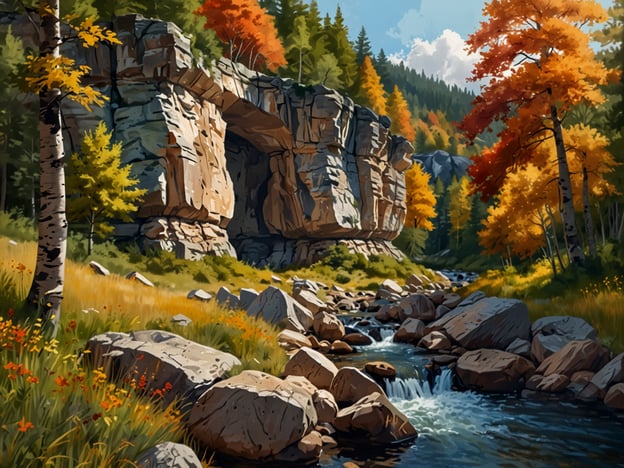 Auf dem Bild ist eine malerische Naturlandschaft rund um die Hallingdalselva zu sehen. Die Szene zeigt majestätische Felsen, die von bunten Herbstbäumen umgeben sind. Die warmen Farbtöne der Blätter, von Gelb und Orange bis zu tiefem Rot, verleihen der Umgebung eine besondere Schönheit. Ein klarer Fluss schlängelt sich durch die Landschaft, während sanfte Wellen über die Steine plätschern. Die saftig grünen Wiesen und die großen Felsen bieten einen harmonischen Kontrast zur lebhaften Farbenpracht der Natur und schaffen eine idyllische Atmosphäre. Dies ist ein Ort der Ruhe und der Erholung, perfekt, um die Vielfalt und Schönheit der Natur zu genießen.