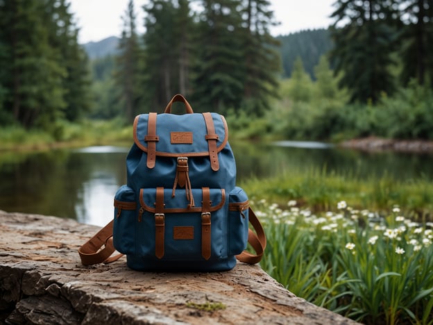 Auf dem Bild ist ein blauer Rucksack mit braunen Lederriemen vor einer idyllischen Naturkulisse zu sehen. Im Hintergrund sind Bäume und ein ruhiger Wasserkörper. 

### Tipps für einen gelungenen Ausflug in Hallingdal:

1. **Planung der Route**: Informiere dich über die Wanderwege in der Region. Hallingdal bietet zahlreiche Routen, die für verschiedene Fitnesslevel geeignet sind.

2. **Ausrüstung**: Neben einem robusten Rucksack ist komfortable und wetterfeste Kleidung wichtig. Vergiss nicht, genug Wasser und Snacks mitzunehmen.

3. **Natur genießen**: Nimm dir Zeit, die umliegende Natur zu erkunden. Halte an, um die Landschaft zu fotografieren und die Vielfalt an Flora und Fauna zu erleben.

4. **Unterkünfte**: Wenn du länger bleibst, suche nach gemütlichen Unterkünften, sei es ein Hotel, eine Hütte oder ein Campingplatz.

5. **Aktivitäten**: Neben Wandern kannst du auch Radfahren, Angeln oder im Winter Skifahren ausprobieren.

6. **Lokale Spezialitäten**: Probiere regionale Speisen in einem der örtlichen Restaurants, um das kulinarische Angebot zu entdecken. 

Viel Spaß bei deinem Abenteuer in Hallingdal!