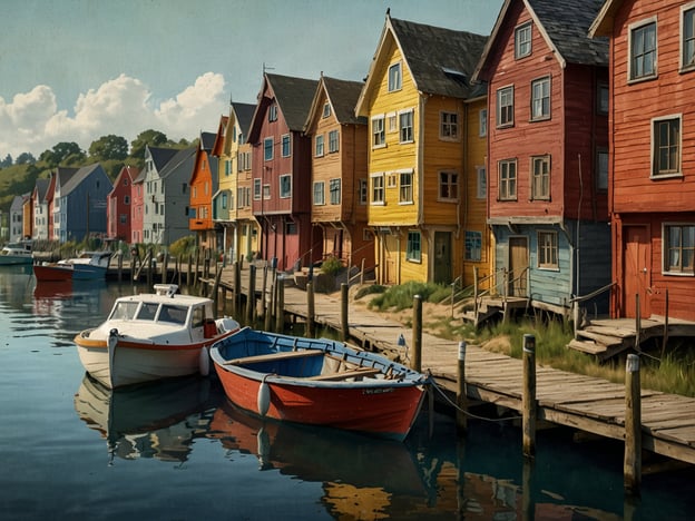 Auf dem Bild ist die charmante Altstadt von Skudeneshavn zu sehen. Die bunten, historischen Holzgebäude stehen malerisch am Wasser, umgeben von Booten, die an einem Steg festgemacht sind. Die ruhige Wasseroberfläche spiegelt die Farben der Häuser wider, während sanfte Wolken den blauen Himmel zieren. Die Szenerie strahlt eine friedliche und einladende Atmosphäre aus, die typisch für Küstenorte in Norwegen ist.