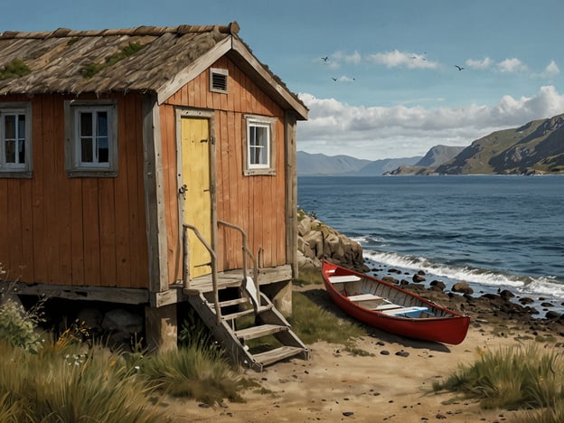 Auf dem Bild ist eineromantische Küstenlandschaft zu sehen. Im Vordergrund steht eine rustikale Holz-hütte mit einer gelben Tür, die eine einladende Atmosphäre verbreitet. Daneben liegt ein rotes Kanu am Strand, das ideal für einen Ausflug aufs Wasser wäre. 

In der Umgebung lädt die malerische Küste zu verschiedenen Aktivitäten ein, wie beispielsweise Kajakfahren oder Angeln. Die sanften Wellen und der klare Himmel schaffen eine perfekte Kulisse für ein Picknick am Strand oder entspanntes Lesen in der Sonne. Wanderungen entlang der Küste könnten ebenfalls unternommen werden, um die atemberaubende Natur zu erkunden. Die Ruhe der Szenerie bietet die Möglichkeit, die Seele baumeln zu lassen und den Alltagsstress hinter sich zu lassen.