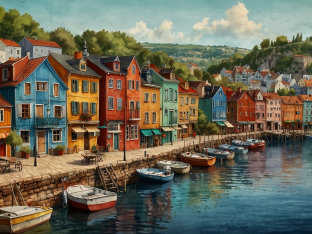 Auf dem Bild ist die charmante Altstadt von Risør zu sehen. Man erkennt bunte, historische Häuser in verschiedenen Farben, die am Wasser stehen. Entlang der Hafenpromenade sind kleine Boote angelegt, und die typische Küstennatur Norwegens umrahmt die Szenerie. Die friedliche Atmosphäre und die malerische Landschaft verleihen einen einladenden Eindruck.